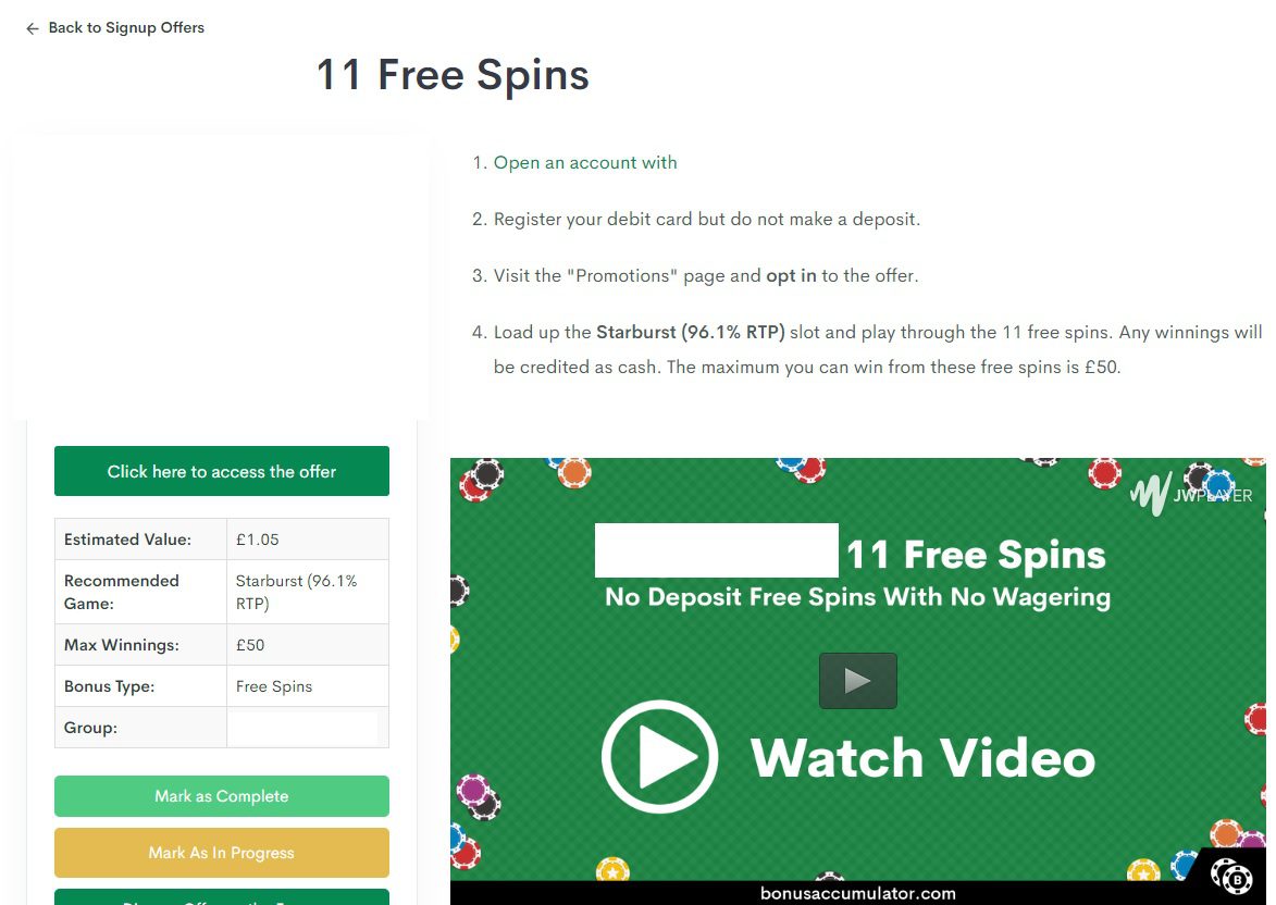 A screen shot taken from Bonus Accumulator.