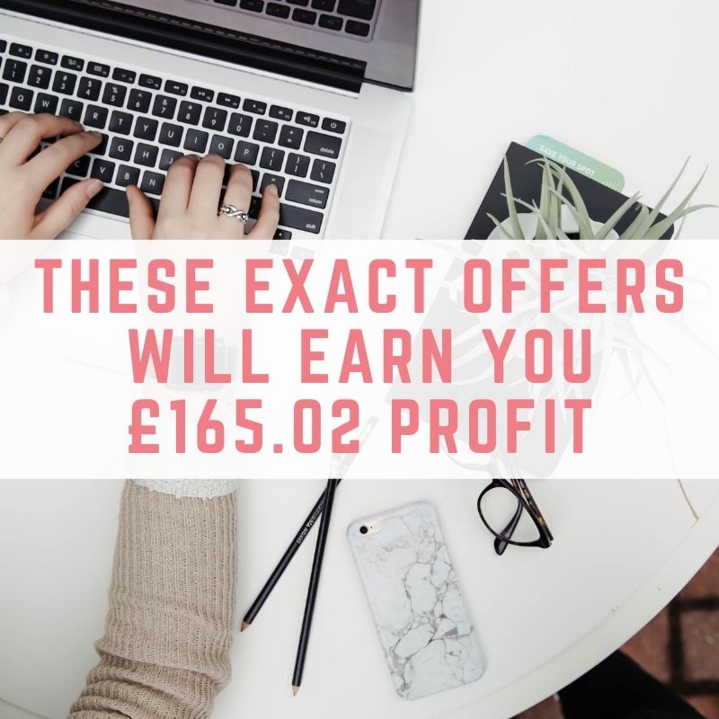 The image shows somebody typing on a computer. Over the image the text reads: 'These exact offers will earn you £165.02 profit'. The image is being used in an article about 20Cogs UK.